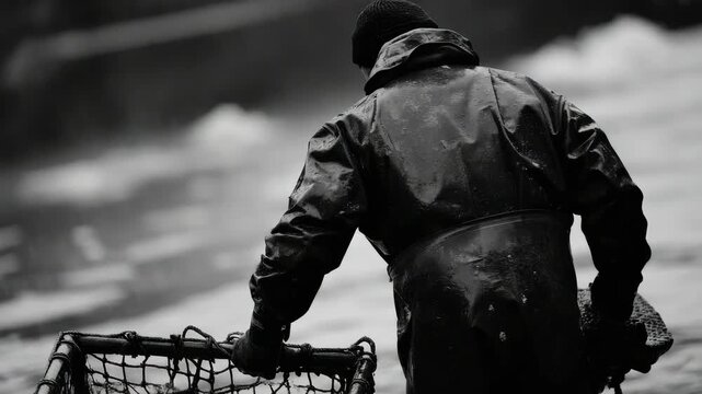 This is a black and white of a man standing on a riverbank, wearing a raincoat with his back turned to the viewer. The background shows water and possibly a bridge or structure.