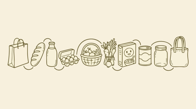 Minimalist grocery line icons, hand drawn food shopping vector set, organic produce and pantry staples illustration for retail branding