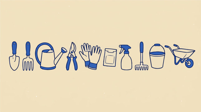 Vintage gardening tools collection, blue hand drawn garden equipment icons, retro farming supplies vector set for landscaping