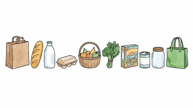 Hand-drawn grocery icons set, watercolor food and shopping bag illustrations, organic market produce and pantry staples vector