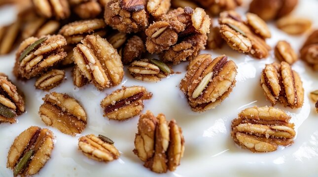 Macro view of crunchy granola cluster with nuts and seeds in creamy yogurt. Textured food mix appears delicious and wholesome for breakfast.