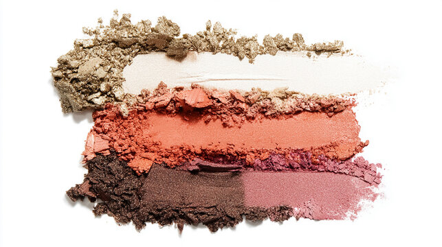 Eyeshadow pigments swatching on clean white background, showcasing cosmetic beauty product texture and color variety