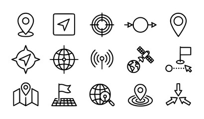 Fototapeta premium GPS Location Tracking Marker Outline Icons Monochrome Vector Set
