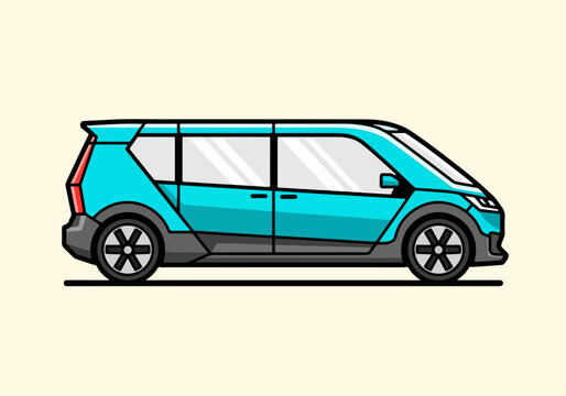 Blue electric minivan side view illustration