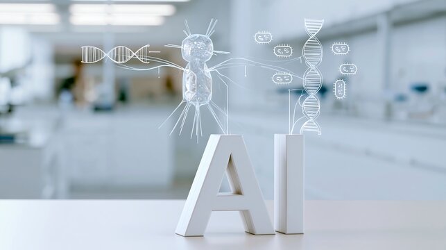 Artificial intelligence concept with bacteriophage, DNA strand and bacteria visualization in a biotechnology laboratory. AI-driven synthetic biology, phage therapy and antibiotic resistance research w