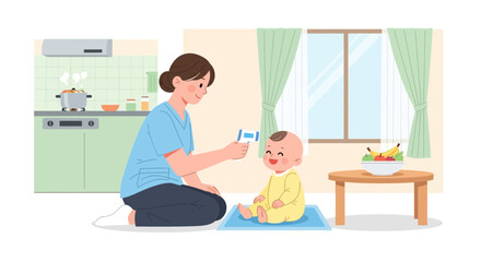 Fototapeta premium Nurse checking baby's temperature with thermometer, home setting