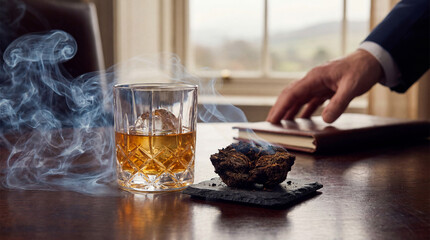 Fototapeta premium Scotch Whiskey & Peat Smoke Aroma, Business Meeting Ambiance