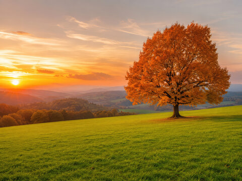 Lone Orange Autumn Tree in Green Meadow at Golden Sunset