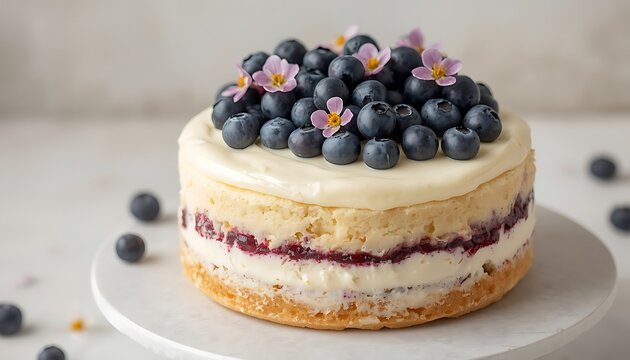 Vanilla Layer Cake with Blueberry Compote, Fresh Blueberries and Edible Flowers