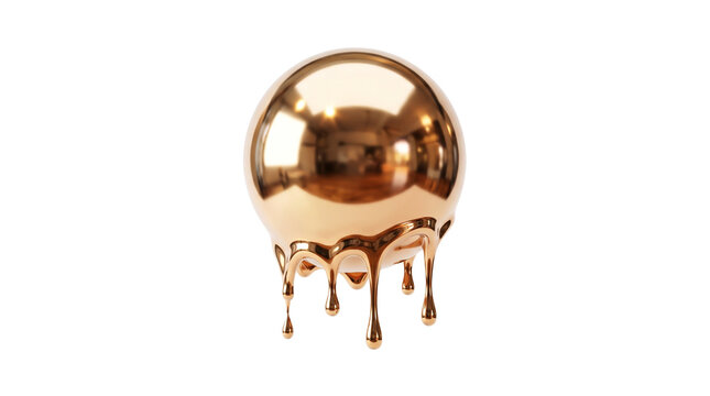 Metallic copper sphere with melting liquid drips, reflective bronze ball on white background, shiny molten metal orb for luxury design