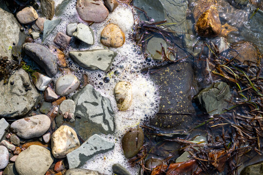 Quebec, Canada, 28 July 2026 : Water washes over various rocks and pebbles on a shoreline, creating white seafoam.