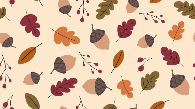 Seamless looping animated fall pattern of acorns, oak leaves, and berries scrolling diagonally. A warm, hand drawn minimalist aesthetic for cozy seasonal backdrops and designs.