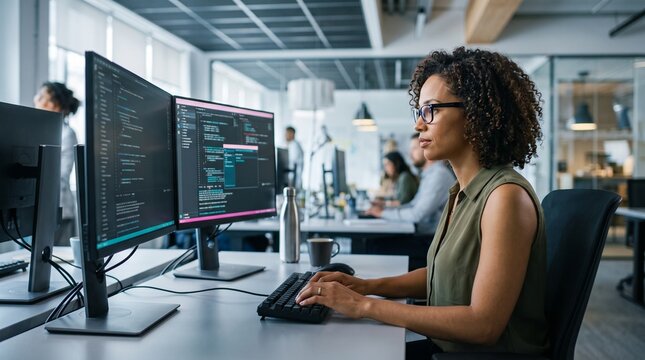 Software developer woman typing at keyboard in modern office with multiple computer monitors