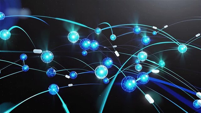 Blue network nodes connected by lines forming a web-like structure.