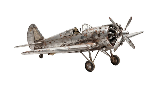 Vintage silver propeller airplane model, antique metal fighter aircraft sculpture, rustic steel toy plane with weathered texture isolated PNG with Transparent Background