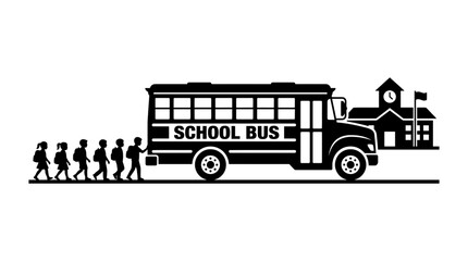School bus with students and building black silhouette