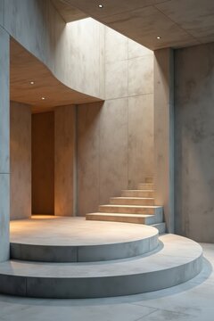 Podio de inspiraci&oacute;n brutalista, geometr&iacute;a s&oacute;lida, paleta de tonos p&eacute;treos sobrios, iluminaci&oacute;n editorial refinada