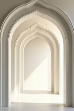 Estructura de doble arco con capas sutiles, tonos neutros monocrom&aacute;ticos e iluminaci&oacute;n suave