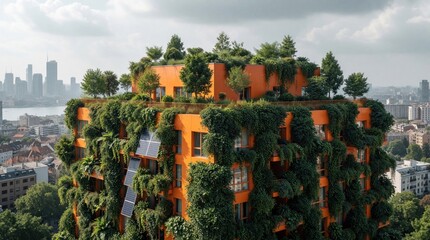 Obraz premium Bright orange apartment building features lush green vertical garden and rooftop green plants. Solar panels are mounted on facade. City skyline and river visible in background.