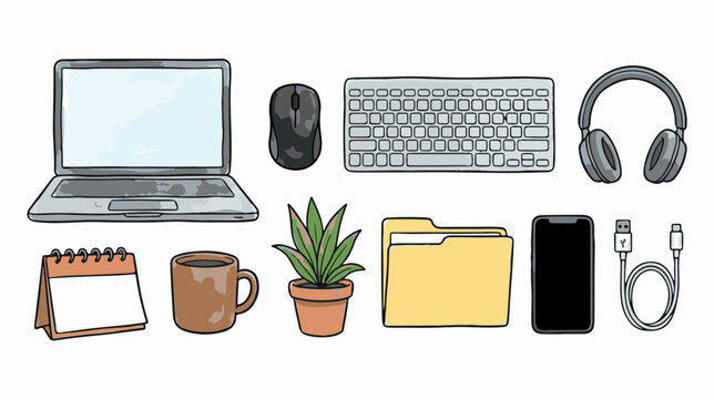 Hand-drawn office workspace vector set, laptop and computer accessories collection, home office desk elements for remote work