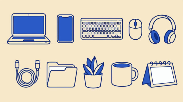 Minimalist workspace icon set, blue line art technology symbols, 10 office equipment vectors for digital productivity and remote work