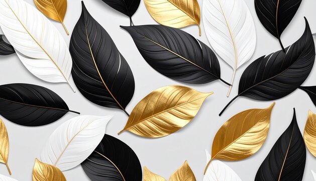 Artistic botanical composition of flowing black and golden leaf forms arranged across a warm ivory surface, combining natural shapes with modern minimalist aesthetics. Suitable for stationery.