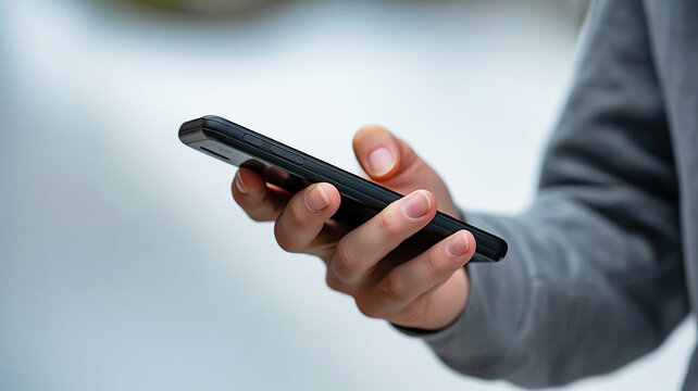 Close up of hand holding a smartphone device for online communication, social networking, and modern digital technology use outdoors
