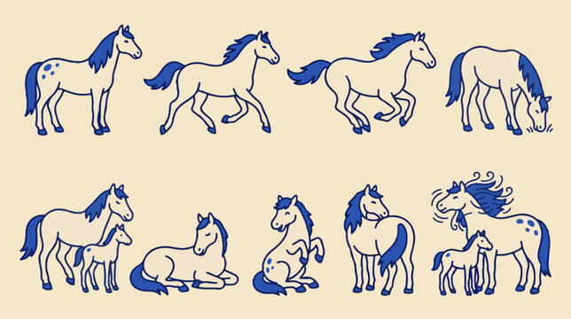 Hand drawn horse vector collection, blue line art equine illustrations, set of 9 horse and foal sketches for farm branding