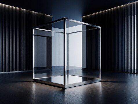 Empty modern glass cube display case sits on dark wood floor. Minimalist exhibition booth with textured walls and soft top lighting. Clean space for product presentation or retail showcase.