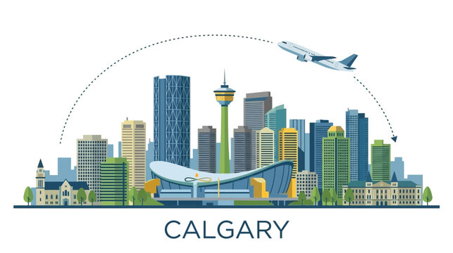 Urban Calgary skyline cityscape featuring a commercial airplane flying across a clear sky with a conceptual travel line graphic representing aviation routes and international tourism.
