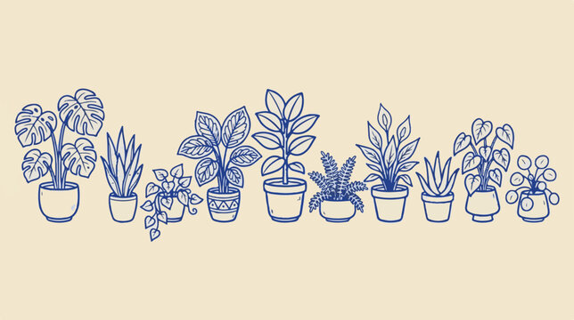 Minimalist blue line art houseplant collection, set of 10 potted indoor plants, hand drawn botanical vector illustrations for home decor