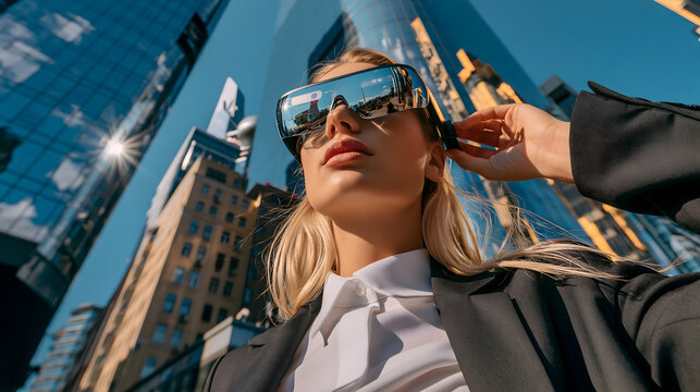 Futuristic Vision in the City: A woman, seen from a low angle, wears modern augmented reality glasses, her gaze fixed on the urban horizon, with reflections of towering skyscrapers in her lenses.
