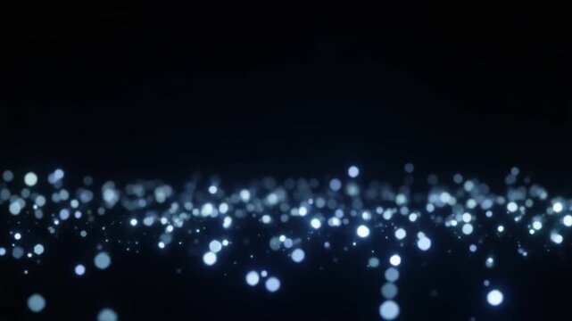 Soft out-of-focus points of light drift through deep black darkness, creating distant star field motion with cool white and pale blue glow, vast cosmic atmosphere, and cinematic depth.
