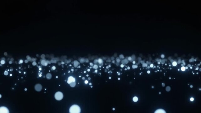 Soft out-of-focus points of light drift through deep black darkness, creating distant star field motion with cool white and pale blue glow, vast cosmic atmosphere, and cinematic depth.
