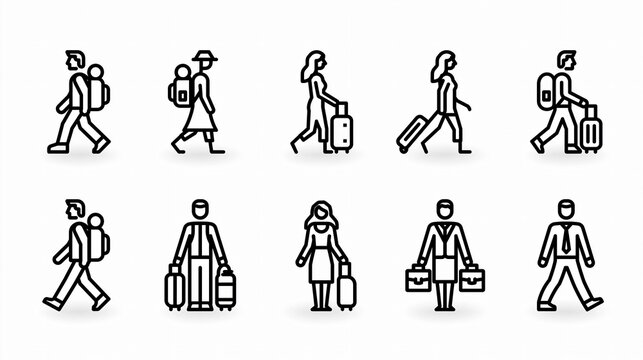 Set of line icons depicting people traveling with luggage