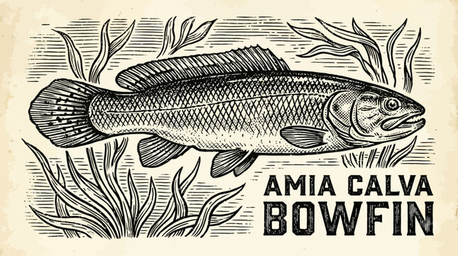 Detailed Vintage Woodcut Illustration of a Bowfin Fish Amia Calva, Antique Engraving Style Showing Scaly Texture and Fin Structure, Retro Aquatic Wildlife Art for Natural History Decor.