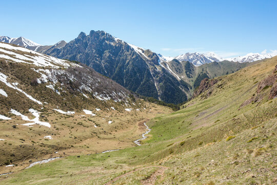 Trekking in Caucasus Mountains landscape. Karachay-Cherkessia, Russia