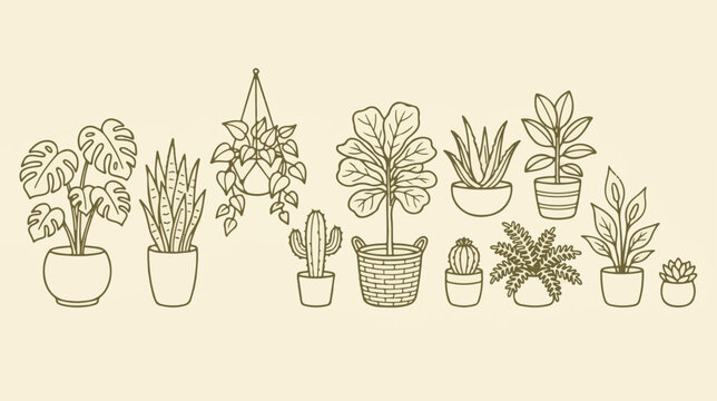 Minimalist line art houseplant collection, set of 12 potted botanical illustrations, hand drawn indoor plants vector set