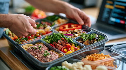 Obraz premium Meal planning consultant's close-up hands arranging color-coded weekly meal prep containers in an early morning kitchen mist, criminal record expungement app open on a nearby screen, fresh start sym