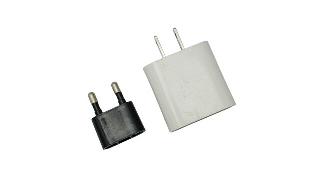 Two electrical plug adapters, one black and one white, shown on a white background.