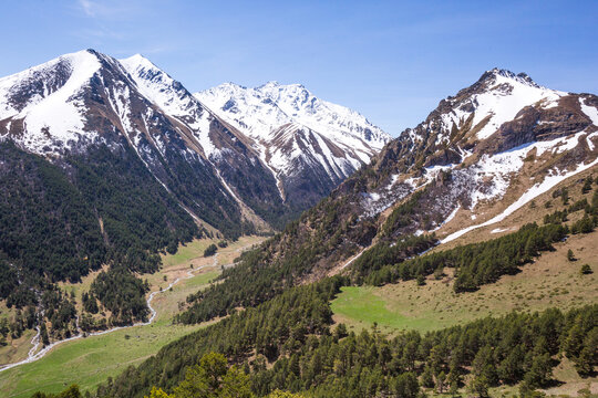 Caucasus Mountains spring landscape. Karachay-Cherkessia, Russia