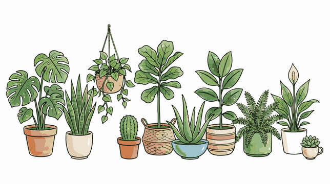 Hand-drawn indoor houseplant collection, watercolor style potted plants vector set, botanical greenery illustrations for home decor