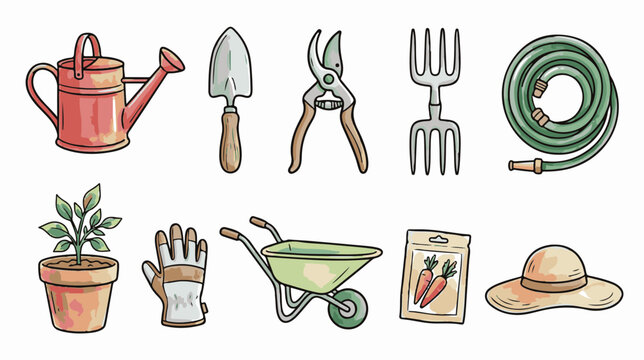 Watercolor gardening tools collection, hand drawn garden equipment set, 10 rustic horticulture icons for spring landscaping and farming