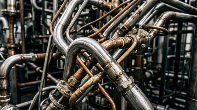 An intricate, dense network of intertwining metal industrial pipes and valves creates a complex, abstract pattern, showcasing the sophisticated plumbing of a modern factory or refinery.