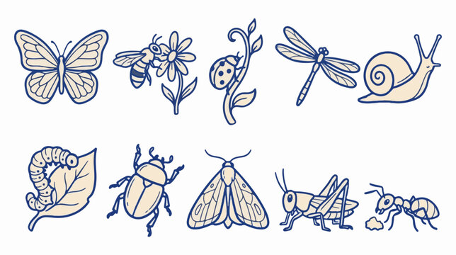 Vintage garden insect vector set, hand drawn bug illustrations, 10 blue line art nature icons for branding and education