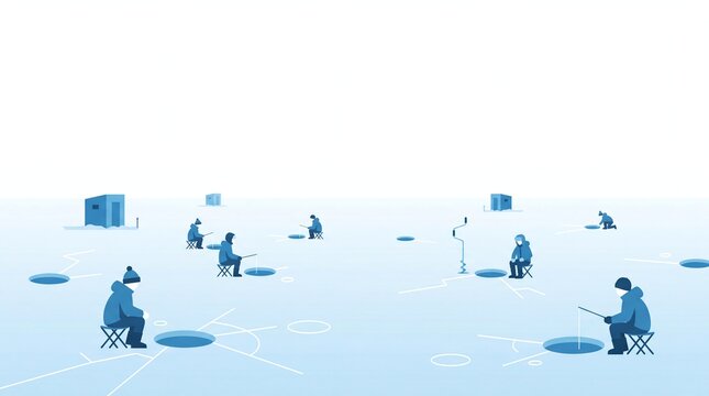 Winter Ice Fishing Scene with Fishermen and Huts
