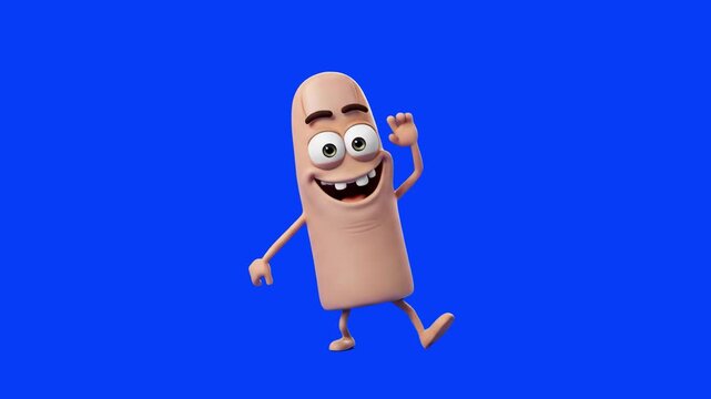 A friendly 3D cartoon finger mascot with arms and legs dancing joyfully while raising its hand on a blue screen background. Suitable for children's educational content, hygiene promos, and casual anim
