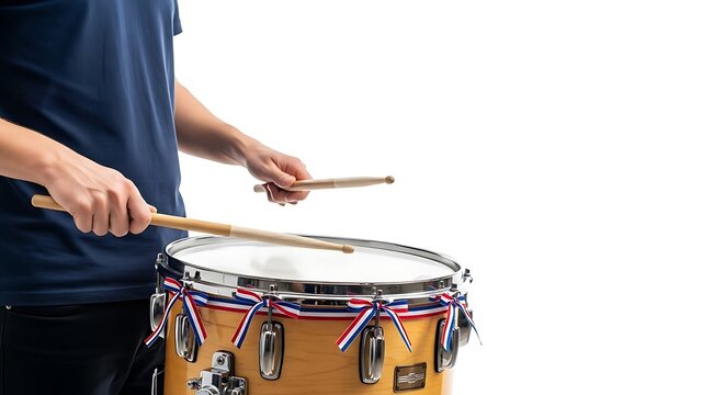 Musician Playing Snare Drum with Wooden Drumsticks and Patriotic Ribbons