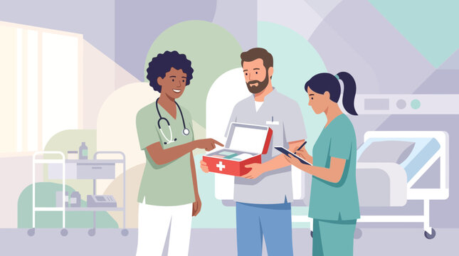 Medical team with first aid kit in hospital room