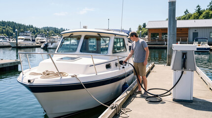 Fototapeta premium Young man refueling his private motor boat at a sunny marina dock during a summer day of boating and recreation
